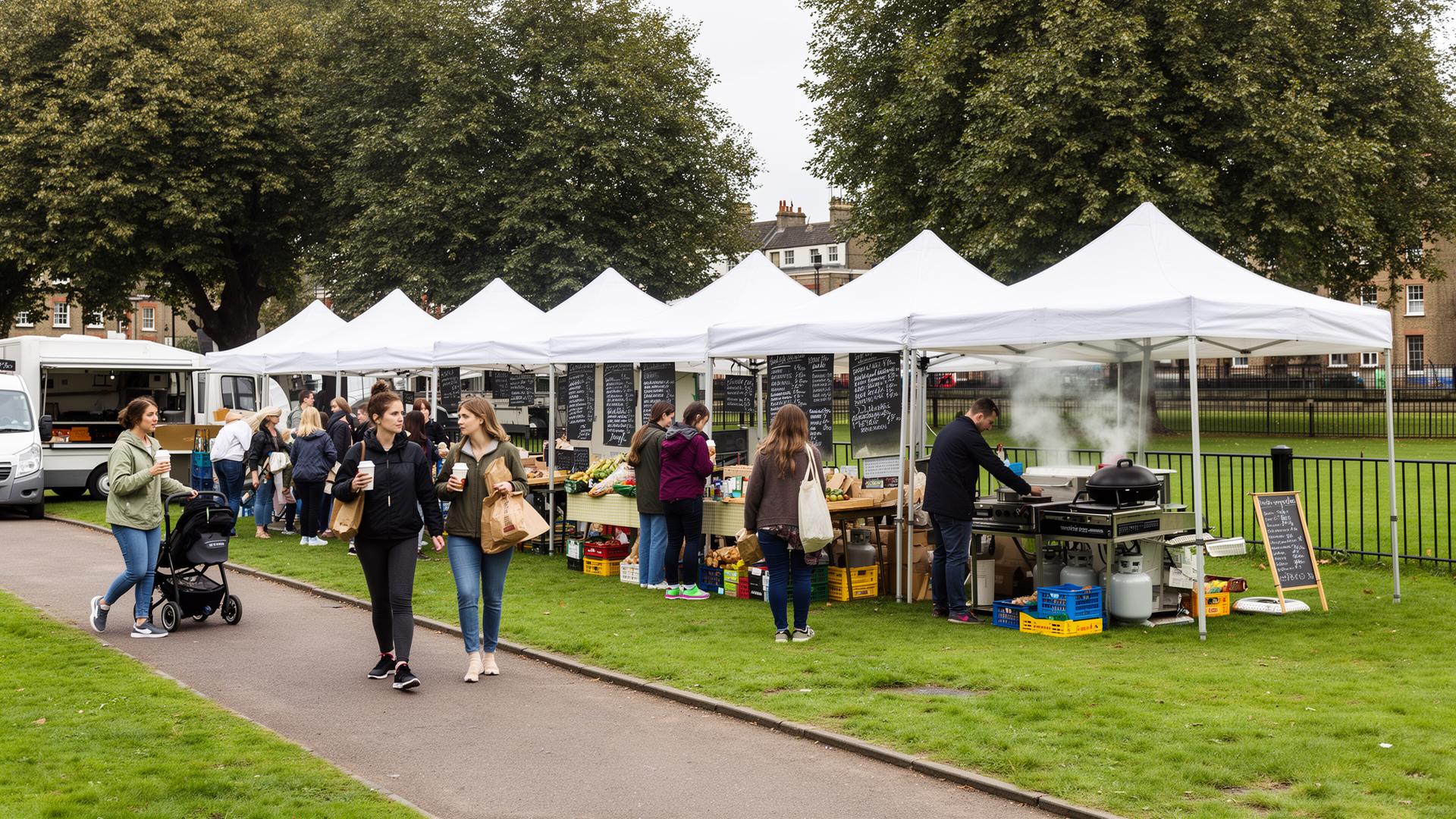 Small weekly food market on a park green at golden hour, with white canvas stalls under leafy trees