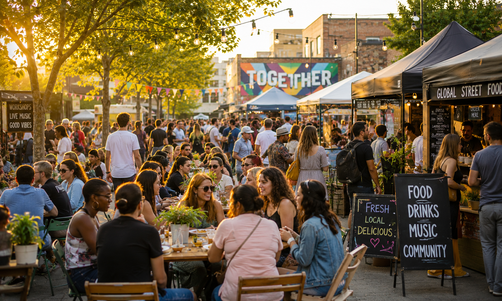 Small weekly food market on a park green at golden hour, with white canvas stalls under leafy trees